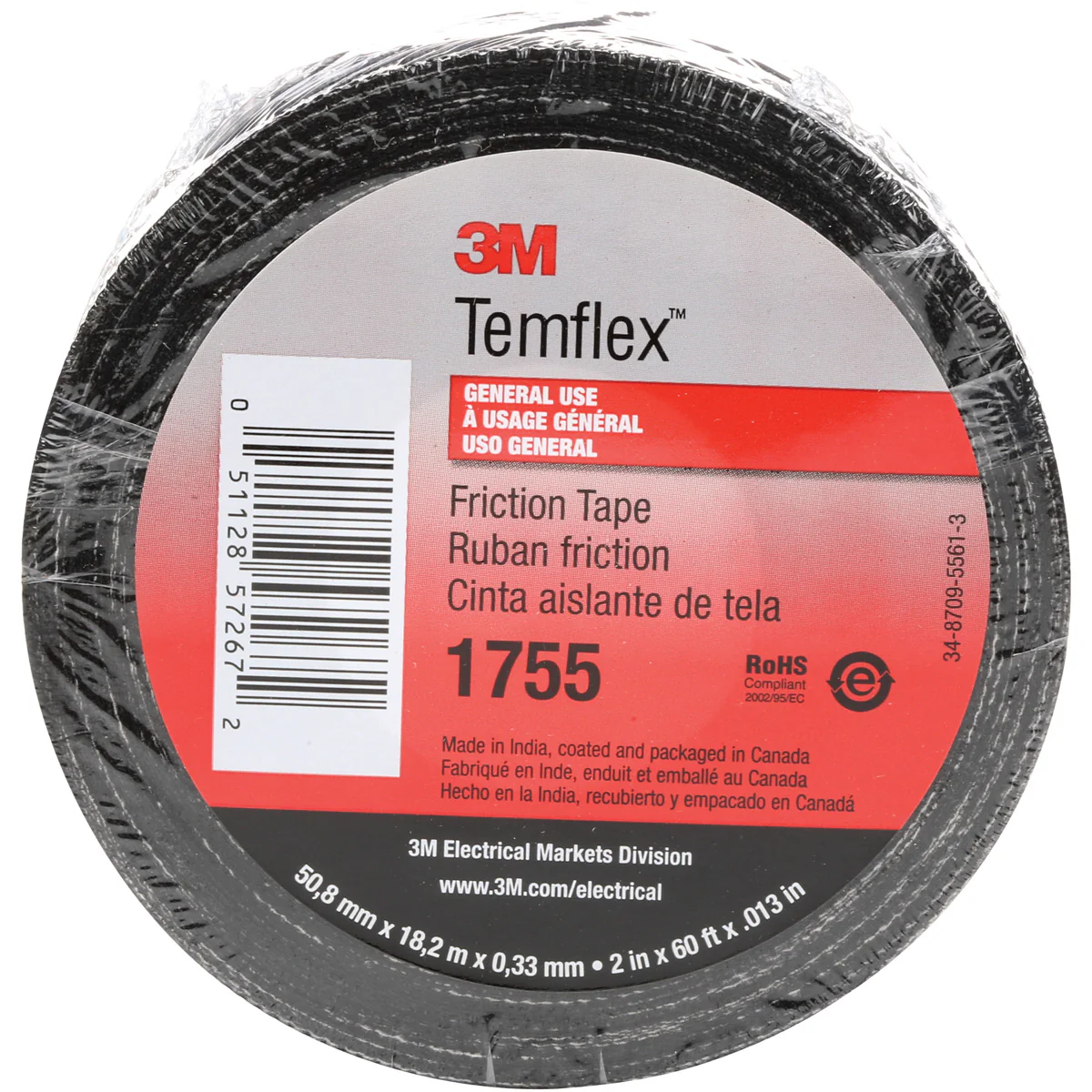 3/4" x 60 Feet Black 3M 1755 Cotton Friction Tape 20/Case