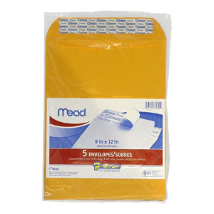 76080 Mead 9"x12" Press-n-Seal Kraft Catalog Envelopes, 5 envelopes/retail pack, 12 retail packs/case